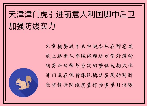天津津门虎引进前意大利国脚中后卫加强防线实力